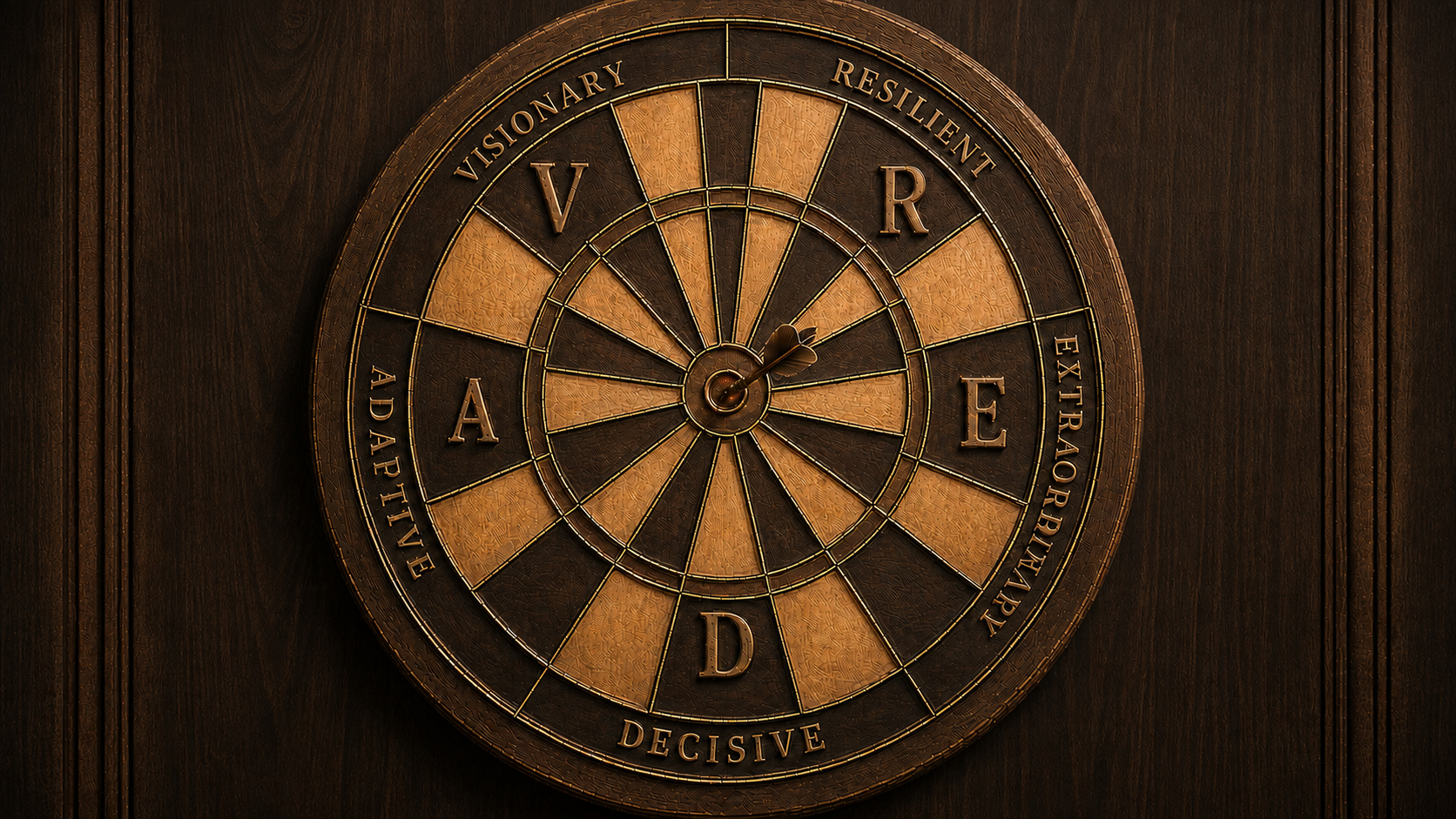 A handcrafted leadership target featuring Visionary, Adaptive, Decisive, Extraordinary, and Resilient